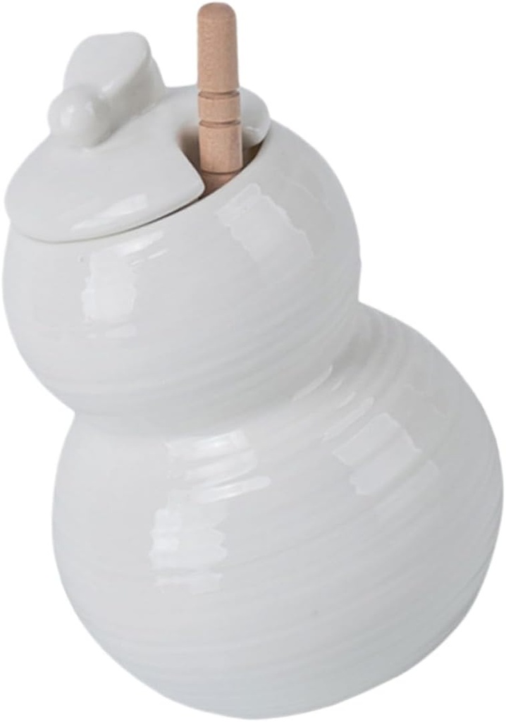 ABOOFAN Honey Pot with Wooden Dipper Pure White Ceramic Honey Dispenser Bee Embossed Design for Home Kitchen Use 1 Set