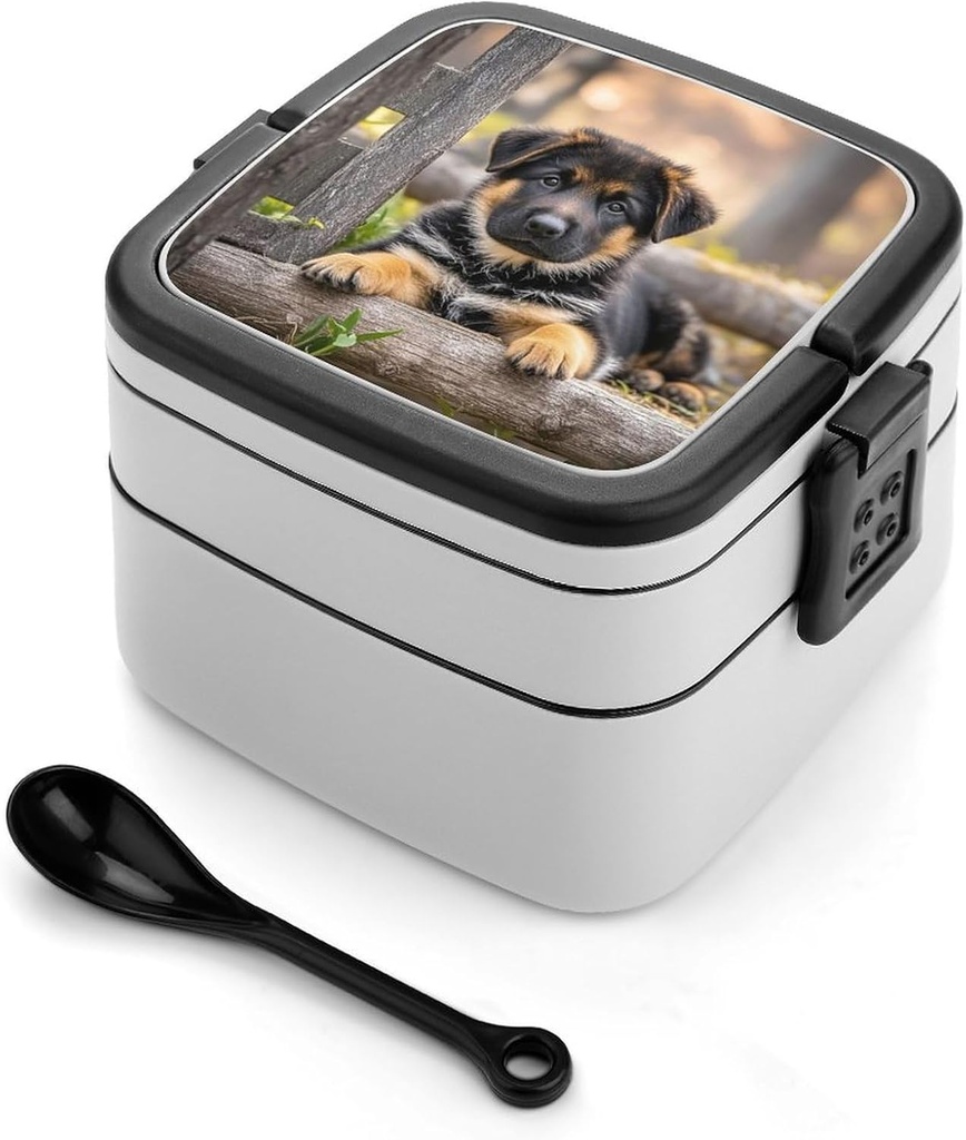 German Shepherd Puppy Bento Box Double-Layer Bento Lunch Container with Spoon And Invisible Handle Adult Leak-Proof Lunchbox for Dining Out Work Picnics Travel