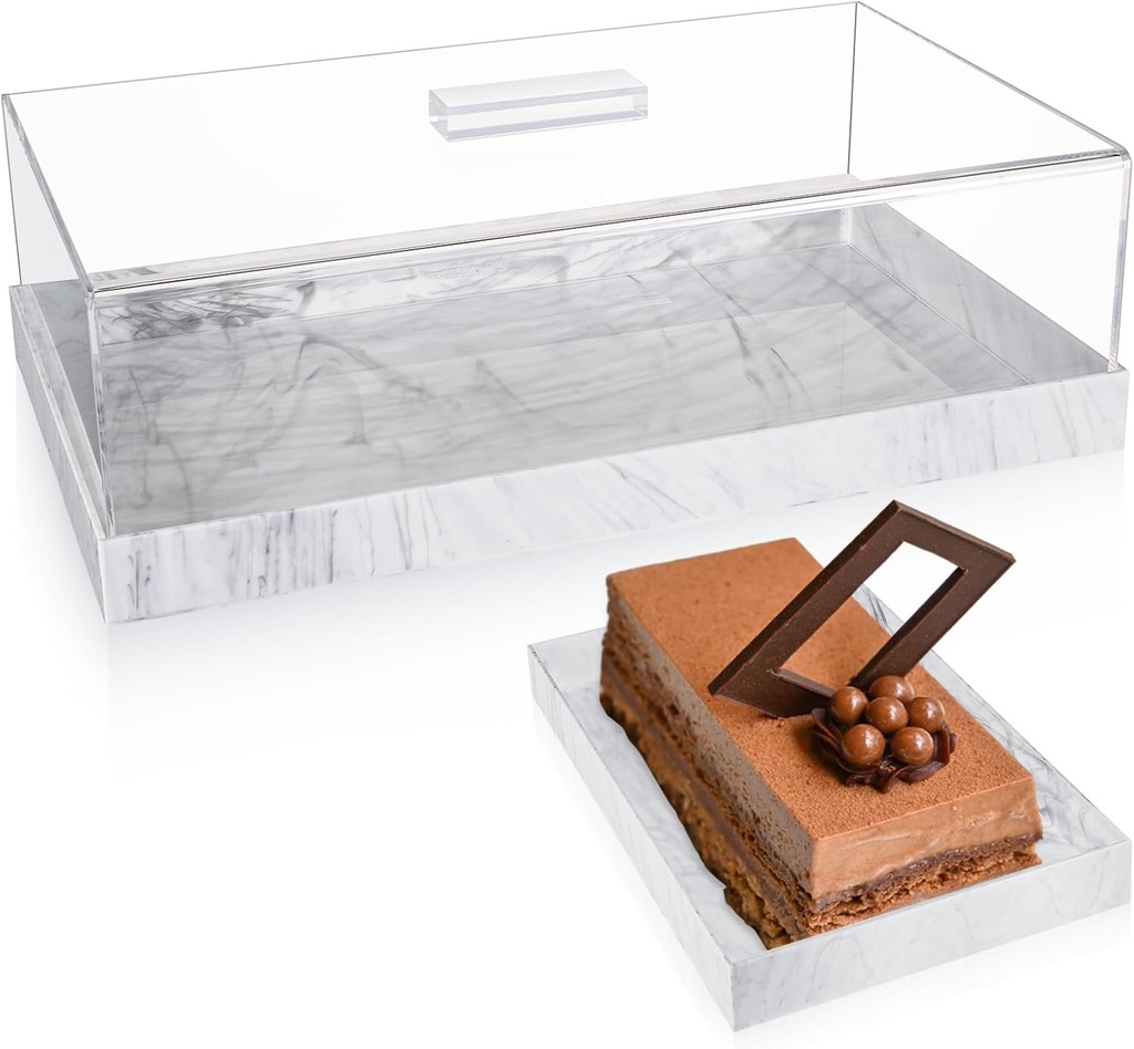Dandat Rectangular Cake Stand with Lid Acrylic Cake Tray with Cover Multifunctional Cake Plate Pastry Display Case Rectangle Cake Platter Dessert Holder Tray for Kitchen Wedding Home (Marble Color)