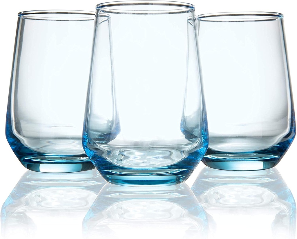 Burns Blue Drinking Glasses, 6 pcs Stemless Wine Glasses Italian-Style, Clear Colored Glass Cup Set, 13 Oz.
