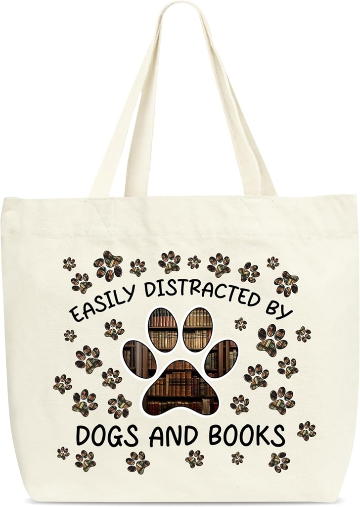 Dogs And Books Tote Bags, Easily Distracted By Dogs And Books Shopping Bag For Women, Cute Gifts For Friend Book Lovers Read Lovers Dog Lovers Dog Mom, Shoulder Bag For Library Read Room -A06