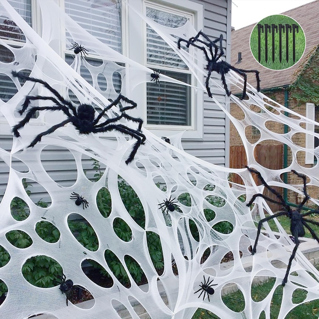 Giant Beef Netting Spider Webs Halloween Decorations, Pre-Cut Super Stretchy DIY Spider Webbing with Stakes, Gauze Spiderwebs Cobwebs for Haunted House Yard Tree Halloween Party Outdoor Indoor Decor