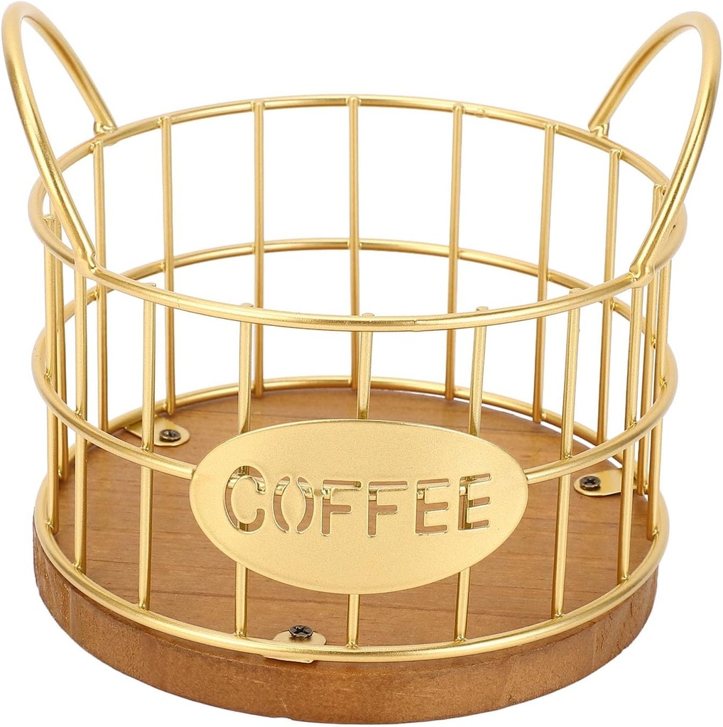 Wood Base Coffee Pod Basket - Sturdy Metal Wire Holder, Countertop Organizer for Home and Restaurant Use, Holds 10 Capsules