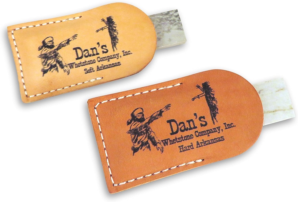Bundle- 2 Piece Set of Genuine Arkansas Pocket Knife Sharpening Stones Whetstones 3" x 1" x 1/4" in Leather Pouches- Soft (Medium) and Hard (Fine) MAP-13A-L/FAP-13A-L