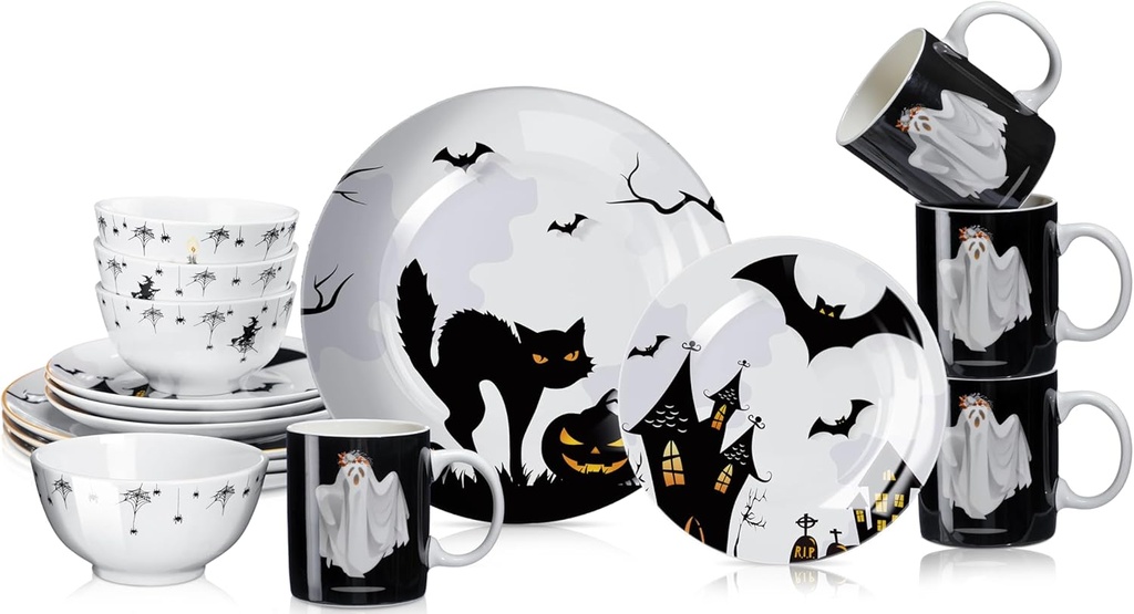 16 Pcs Halloween Dishes Dinnerware Set Serve 4 Guest Vintage Halloween Dinner Plates Ceramic Spooky Serving Dishes Haunted House Gifts Dessert Plate Bowl Mug for Holiday Kitchen Decoration