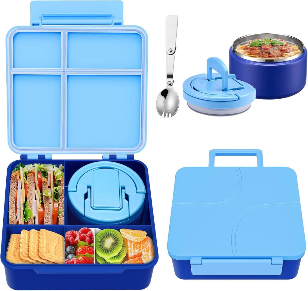 Bento Lunch Box for Kids with 8oz Soup Thermo,Kids Leakproof Lunch Food Containers with 4 Compartment,Kid Insulated Thermo Hot Food Jar for School,Trvael-Blue