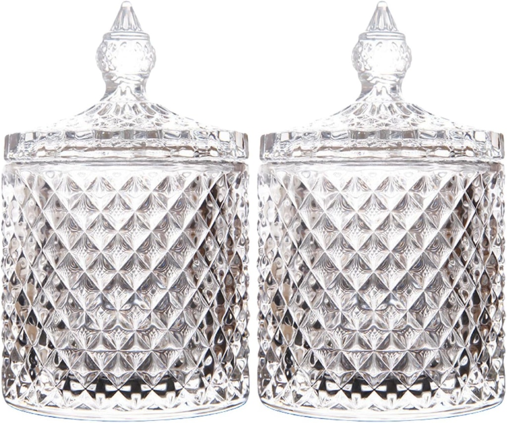 Saim Crystal Glass Jar with Lid, 2 PCS Decorative Candy Jar 3.4inch Candy Cookie Jars, Buffet Jar Biscuit Containers Food Storage for Christmas Halloween Wedding Party- Transparent