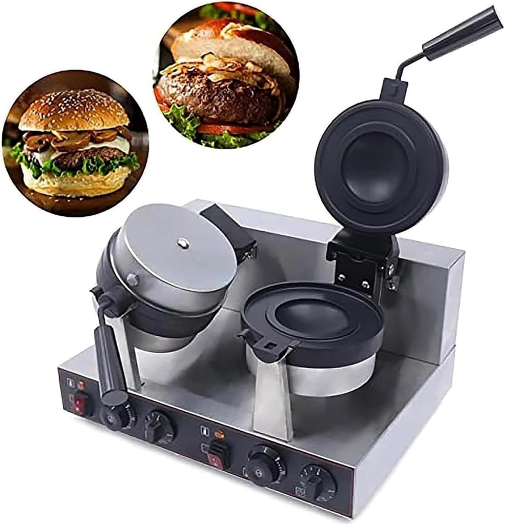 Commercial Burger Waffle Maker, Non Stick Electric Panini Press Burger Machine, Double-Sided Heating Ice Cream Waffle Baker Machine, 5 Min Timer, Stainless Steel, For Home & Commercial,1300w