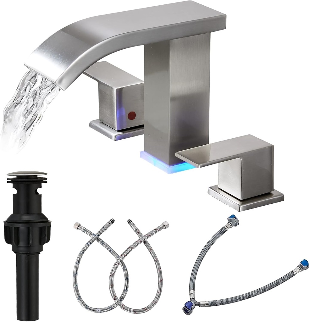 Bathroom faucets 3 Hole Brushed Nickel Vanity Faucet with led Waterfall Bathroom Faucet 3 Hole Sink Faucet Bathroom 8 inch Widespread Modern Parts Touch on 2 Handle