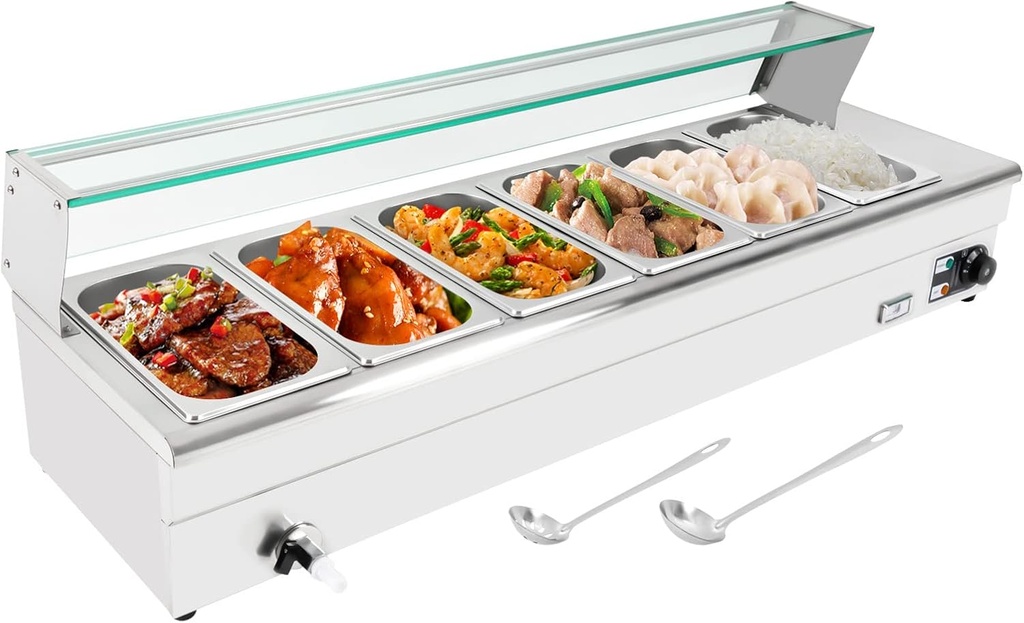 110V 6 Pan Commercial Food Warmer,1200W Electric Stainelss Steel Food Steam Table,Professional Buffet Bain Equipment with Tempered Glass Shield for Catering Restaurants