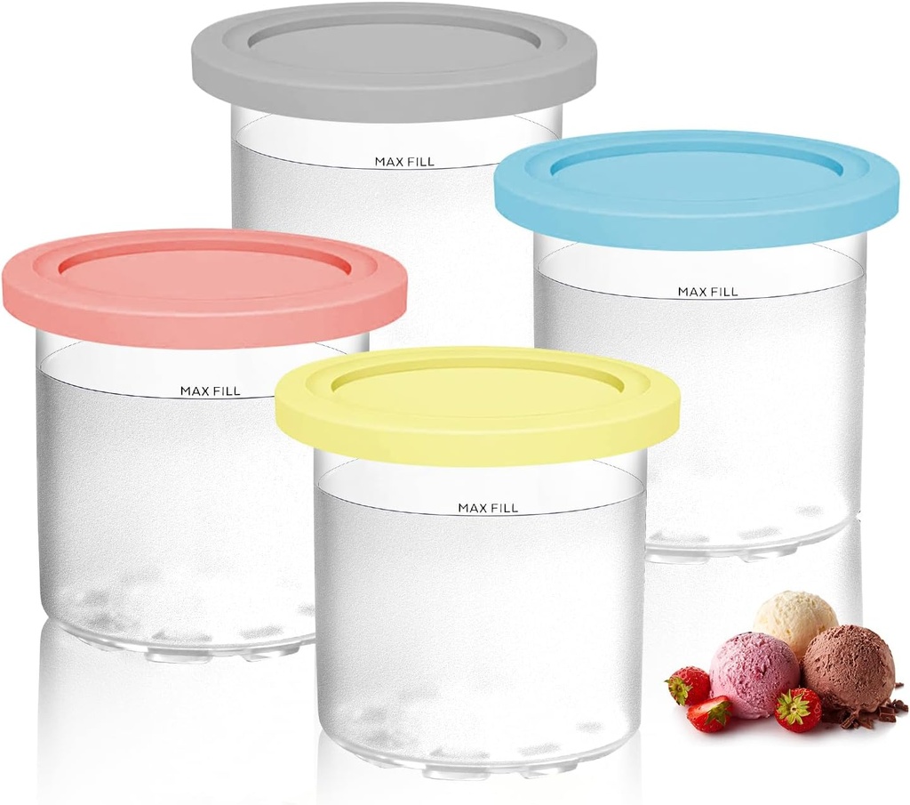 4 Pack Ice Cream Containers Compatible with Ninja Creami NC299AMZ NC300 & NC301 Series Ice Cream Maker, Replacement Pints Containers and Lids, BPA-Free & Dishwasher Safe, Grey/Blue/Pink/Yellow