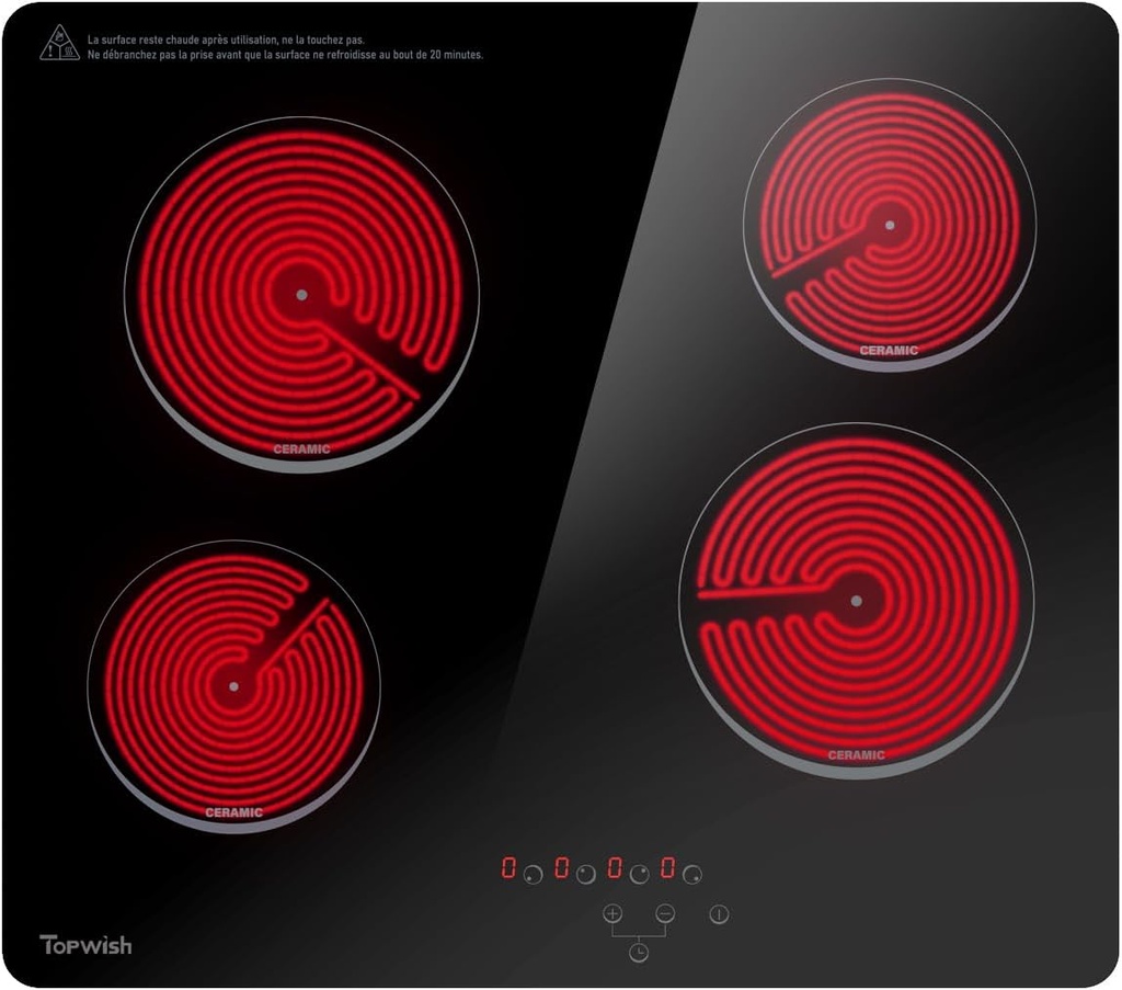 4 Burners Electric Cooktop, 24 Inch Countertop Burners, 6000W Built-in Electric Ceramic Cook top with Touch Control, Timer, Safety Lock, Radiant Stove Top, 220-240v Hard-wired No Plug