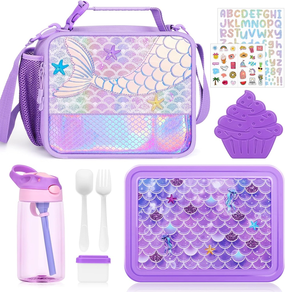 JYPS Mermaid Bento Box for Kids with Insulated Lunch Bag, Lunch box Set with kids water bottle,Sauce Container,Ice Pack,Utensils,Perfect Lunch Container for Girls and Toddlers Back to School Age 7-15