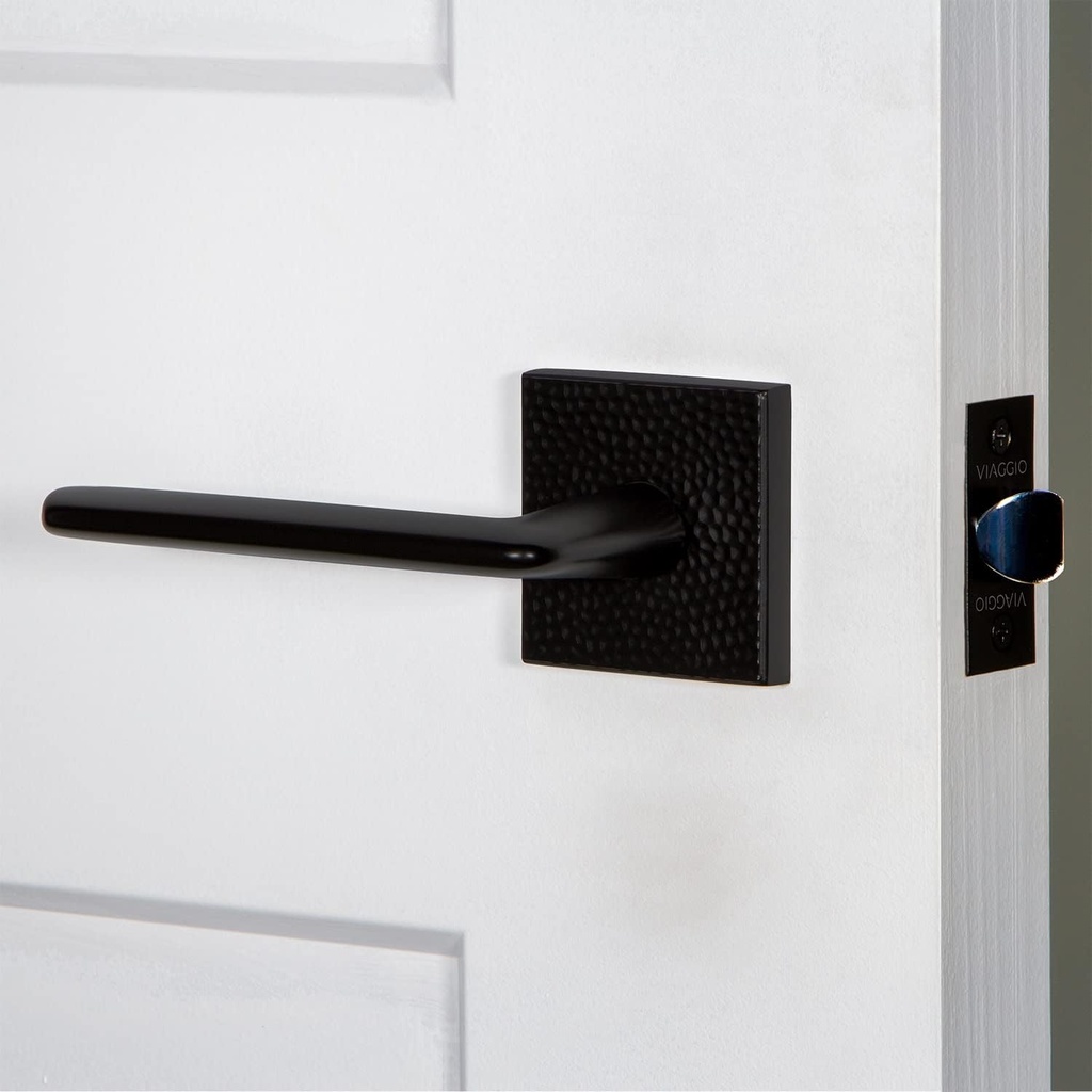 Viaggio QADMHMBLL_PSG_238_LH Quadrato Hammered Left Handed Solid Brass Passage Door Lever Set with Bella Lever and Quadrato Hammered Backplate - 2-3/8" Backset - Satin Black