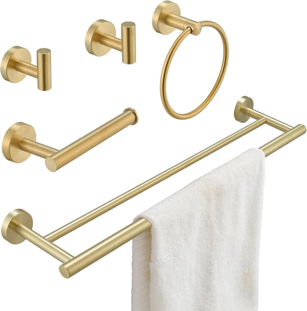 5Pcs Bathroom Hardware Set, Towel Racks for Bathroom Wall Mount, Stainless Steel Towel Bar Set with Toilet Paper Holder Hand Towel Holder Robe Hook Accessory Kit, Brushed Gold