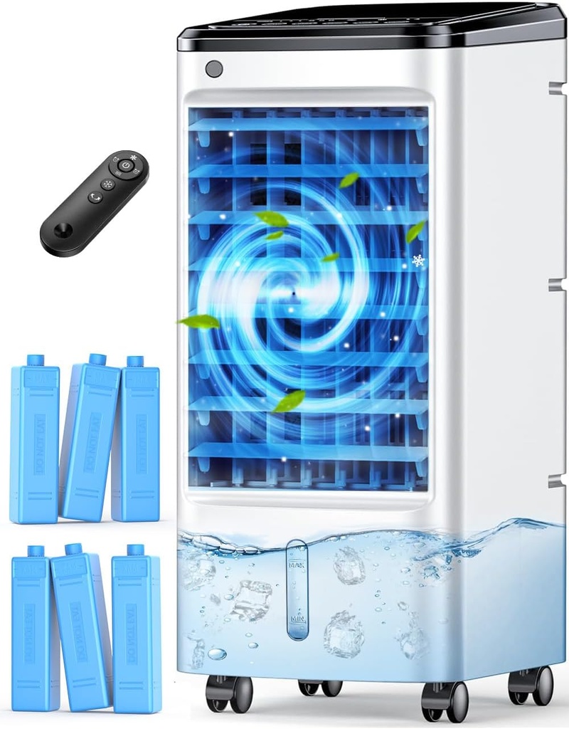 FANCOLE Windowless Portable Air Conditioners with 6 Ice Packs, 12H Smart Timer for Auto-off, 26Ft Remote, Top Fill Dual Tank, 3Speeds Evaporative Air Cooler, 70°Auto Swing Swamp Cooler Air Conditioner