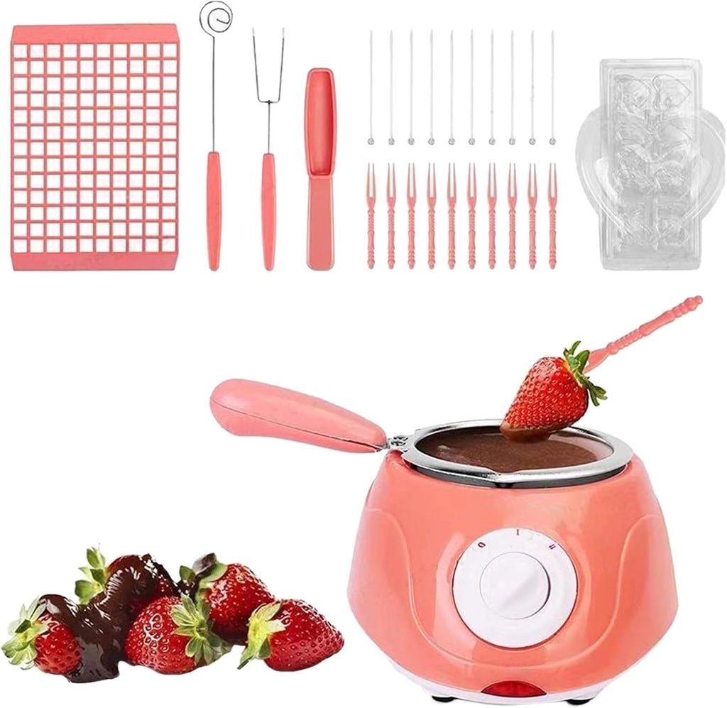 Electric Chocolate Melting Pot, Plastic Hot Chocolate Melting Pot, Chocolate Marshmallow Candy Melting Warming Fondue Set, Dipping Pot with Chocolate Mold Trays & Dipping Forks (Pink)