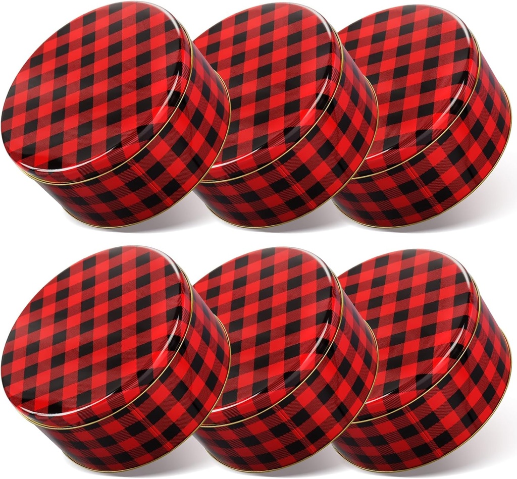6 Pcs 7'' Christmas Cookie Tins with Lids Metal Christmas Tins Round Metal Cookie Tin Container Holiday Storage Box for Baking Chocolate Snack Storage Gift Giving (Red Black)