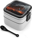 Red Magma Flying Dragons Bento Box with Spoon, 2-layer Stackable Lunch Box Leak Proof with Invisible Handle, Insulated Food Storage for Office, Picnic & Travel