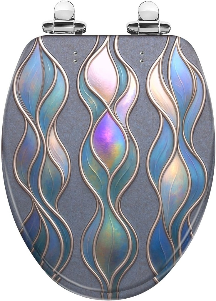 Elongated Toilet Seat Rainbow Decorative 3D Stained Glass Grayish Silver Curved Shapes Resin Toilet SeatSlow Quiet Close with Quick-Release Hinges Toilet Seat with Cover Easy to Clean Install
