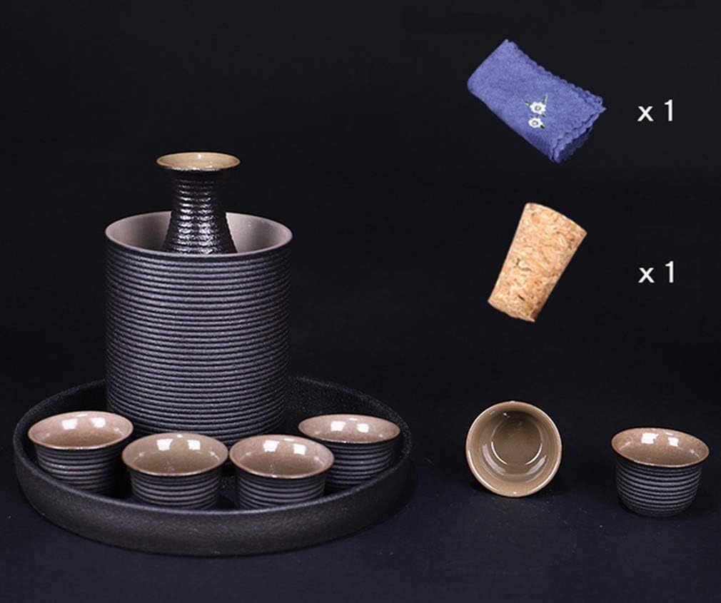 Sake Set Pottery Ceramic Sake Set + Warmer Pot Tray, Japanese Pottery Hot Saki Drink, 8-Piece Include 1 Warming Pot 1 Tray 1 Sake Bottle 6 Cup