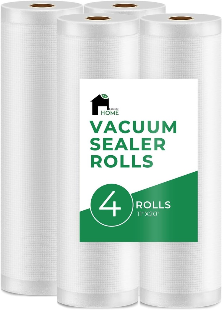 EconoHome Heavy Duty Vacuum Seal Bags for Food - Commercial-Grade, Airtight & Leakproof Plastic Vacuum Storage Bags for Sous Vide, Meal Preparation, Processing & Dry Aging Meat - 11"x20' Roll, 4 Pack