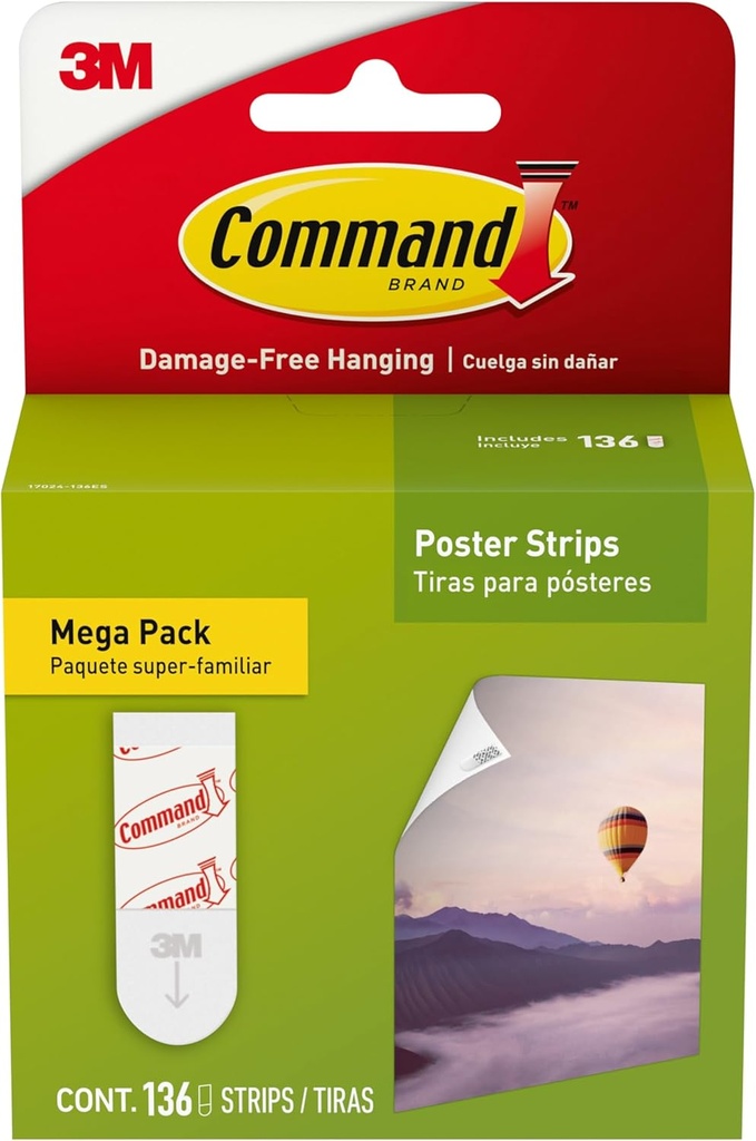 Command Poster Strips Mega Pack, 136 Command Strips Damage-Free Hanging Poster Hangers, No Tools Great for Home, Room, Wall, and Office Decor, White Adhesive