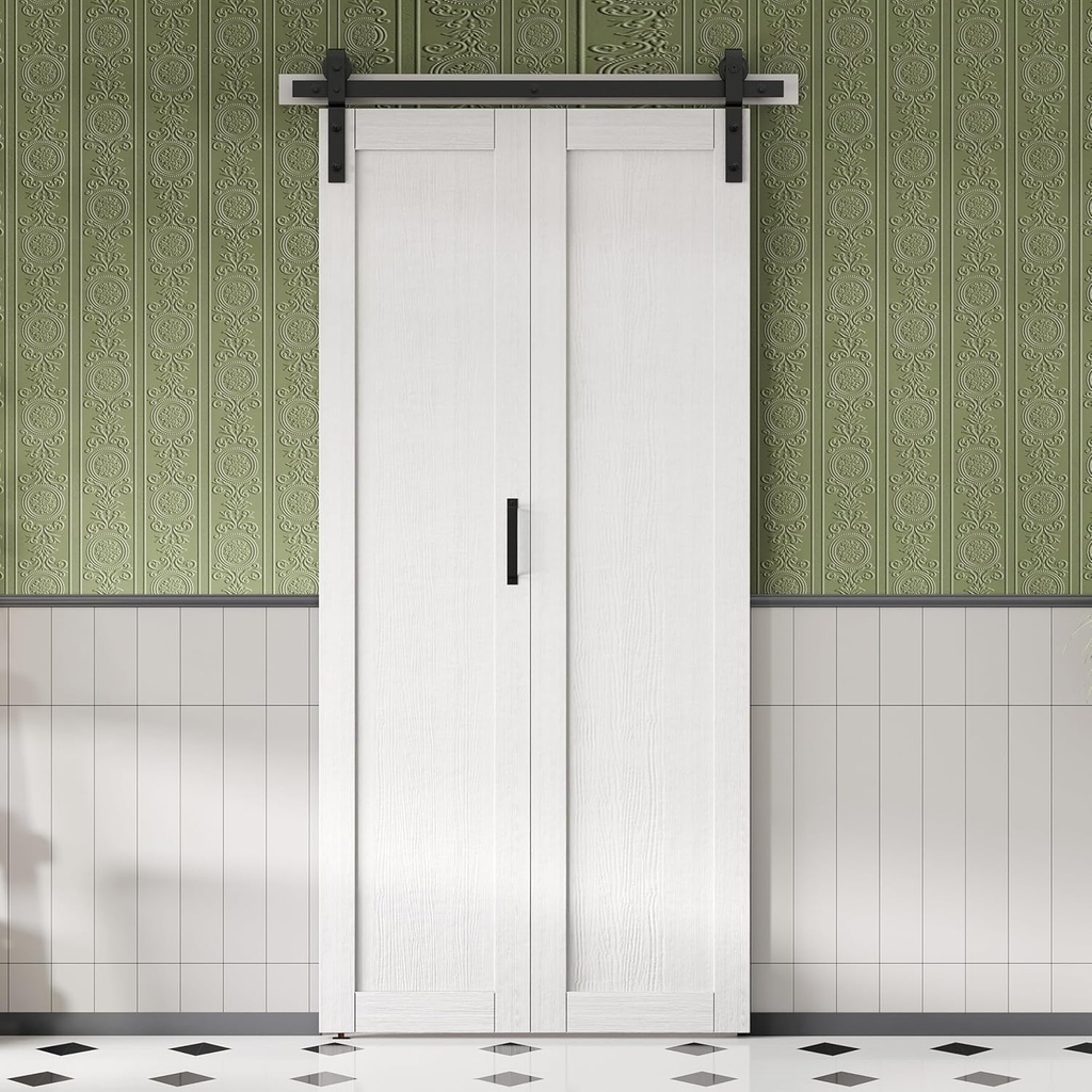 42" x 84" Bifold Barn Door with 3.8 FT Hardware Kit, 1-Panel Folding Doors, Pre-Drilled for Easy Assembly, Interior Accordion Sliding Closet Door for Pantry Laundry Closet, White