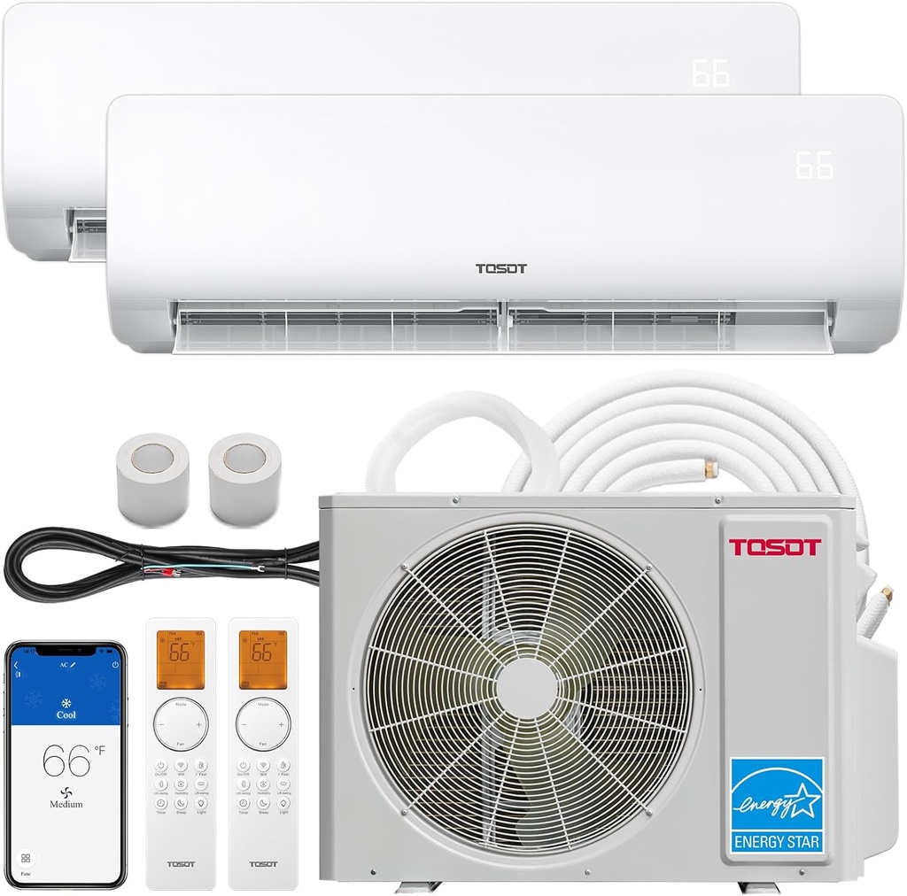 TOSOT 24,000 BTU Dual 2 Zone Mini Split Air Conditioner with Heat Pump, 21 SEER2, 230V, Wifi-Enabled Ductless Inverter Split System with 16.4 ft Copper Line Set, 12,000 + 12,000 BTU, Cosmo Series
