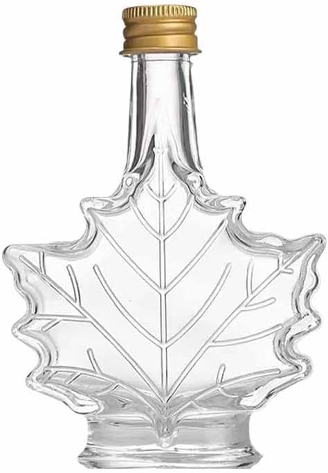 Glass Maple Syrup Bottles Jars,Glass Syrup Dispenser Bottle,Reusable Leaf Shaped, Food Grade Canning Bottles,Empty Glass Syrup Bottles with Lids for Homemade Drinks (50ml)