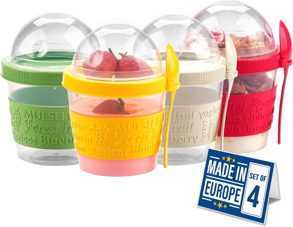 Crystalia Yogurt Parfait Cups with Lids, Mini Breakfast On the Go Plastic Bowls with Topping Cereal Oatmeal Container with Spoon for Lunch, Portable & Reusable, Colorful Set of 4 (Small 17 oz)