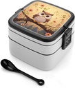 Cute Owl Bento Box with Spoon & Handle - 2 Compartment Leak-Proof Stackable Lunch Box for Adults, BPA-Free Reusable Food Containers for Work, Travel, Picnic