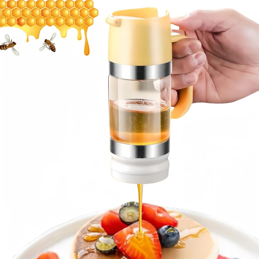 Glass Honey Dispenser Pot, 9 oz honey dispenser no drip with Handle, Durable glass syrup dispenser with Silicone Base, Honey Syrup Dispenser for Bread, Coffee or Tea