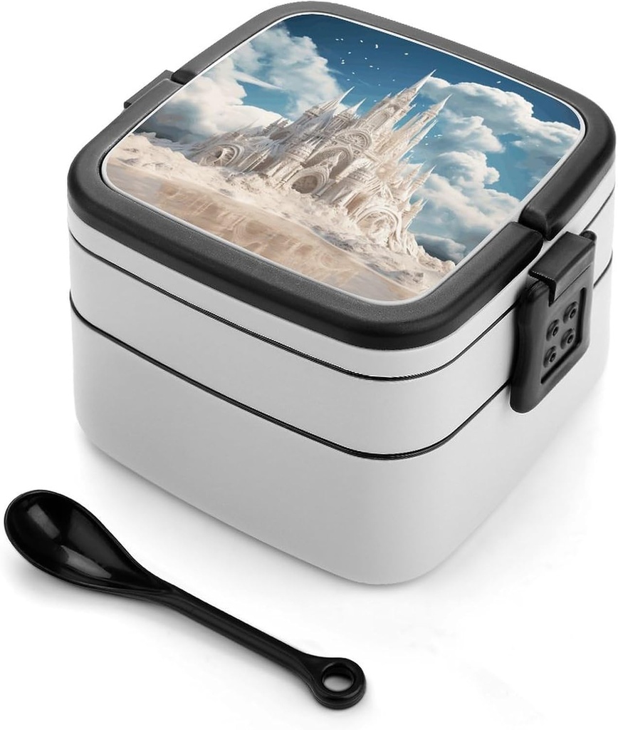 Double Layer Bento Lunch Box with Spoon And Handle Stackable Lunch Box Building A Sandcastle Printed Bento Box Adult Lunch Box for Work Picnics And Travel