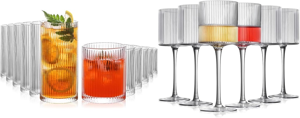 Set of 18 Ribbed Glassware – 6 Highball Glasses (12 oz), 6 Rocks Glasses (14 oz), and 6 Square Wine Glasses (12.5 oz) – Hand-Blown Vintage and Modern Glasses for Cocktails, Wine, Coffee, and More