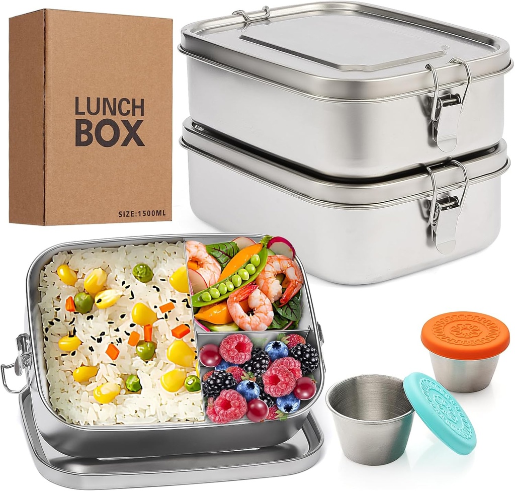 LEEPENK 2PCS 304 Stainless Steel Lunch Container with Lockable Clips,3-Compartment Large 1500ML Metal Bento Box Bonus 2PCS Condiment Containers & Leakproof Lids for for Office and Gym