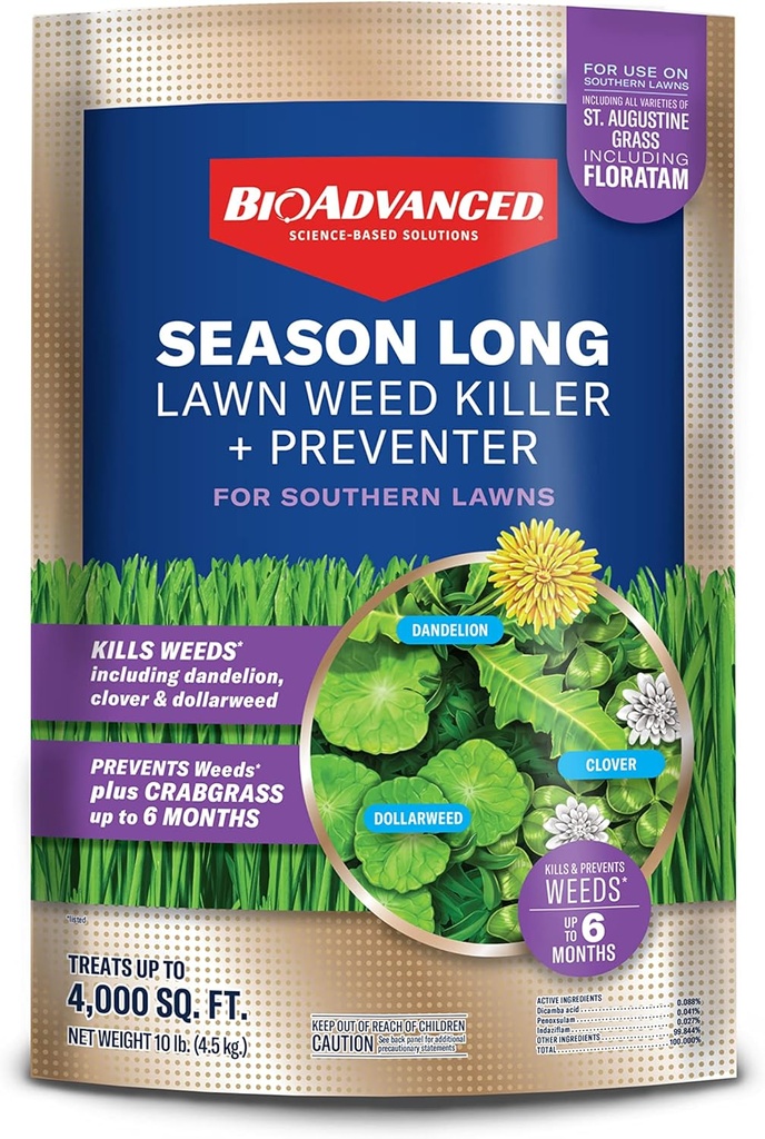 BioAdvanced Season Long Lawn Weed Killer + Preventer for Southern Lawns 10 LB Granules, 4,000 SQ FT