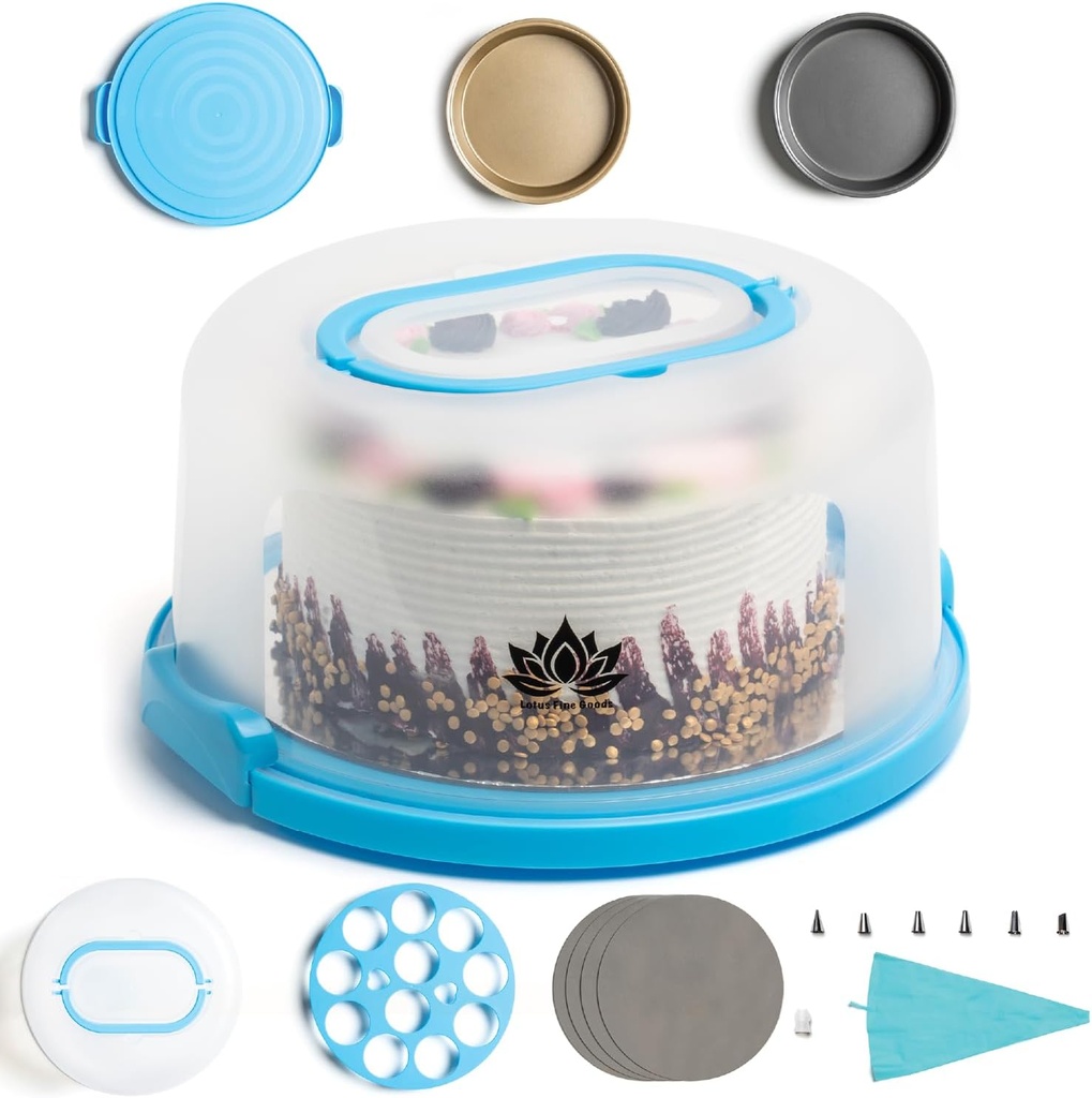 Cake Carrier with Lid and Handle – 10" Cake Storage Container with Baking Accessories, Cake Stand with Baking Pan, Cupcake Tray, Cake Boards & Piping Set