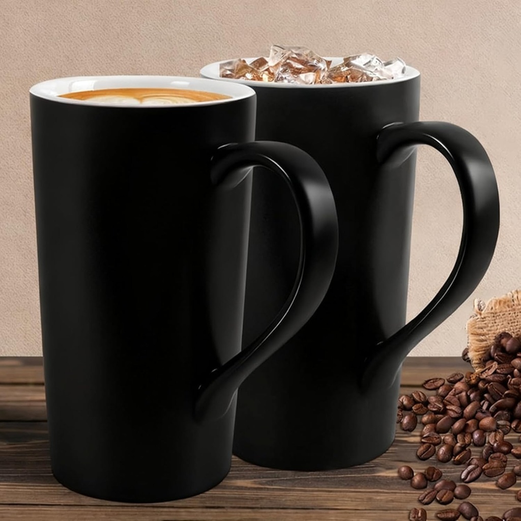 20 OZ Large Black Coffee Mugs Tall Porcelain Beer Cups with Handle,Oversized Cylindrical Design Modern Ceramic Tea Cups as A Gift for Dad Mom Friends Set of 2