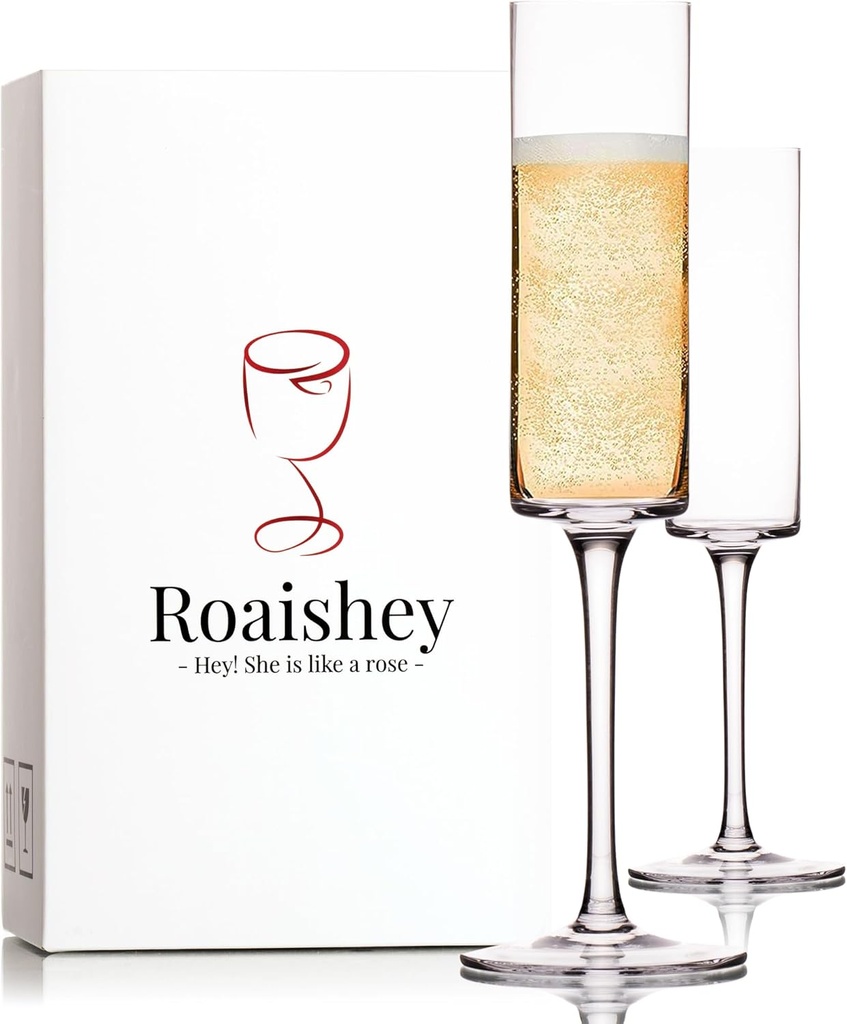 Champagne Flutes Set of 2 - Hand Blown Crystal Champagne Glasses - 6 oz Clear Square Champagne Flutes - Unique Gifts for Women - Wedding, Galentines, Christmas, Anniversary