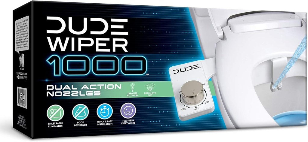 DUDE Wiper 1000 - Bidet Attachment - White Dual-Action Nozzle and Control Panel - Easy Installation - Fits Most Standard Toilets
