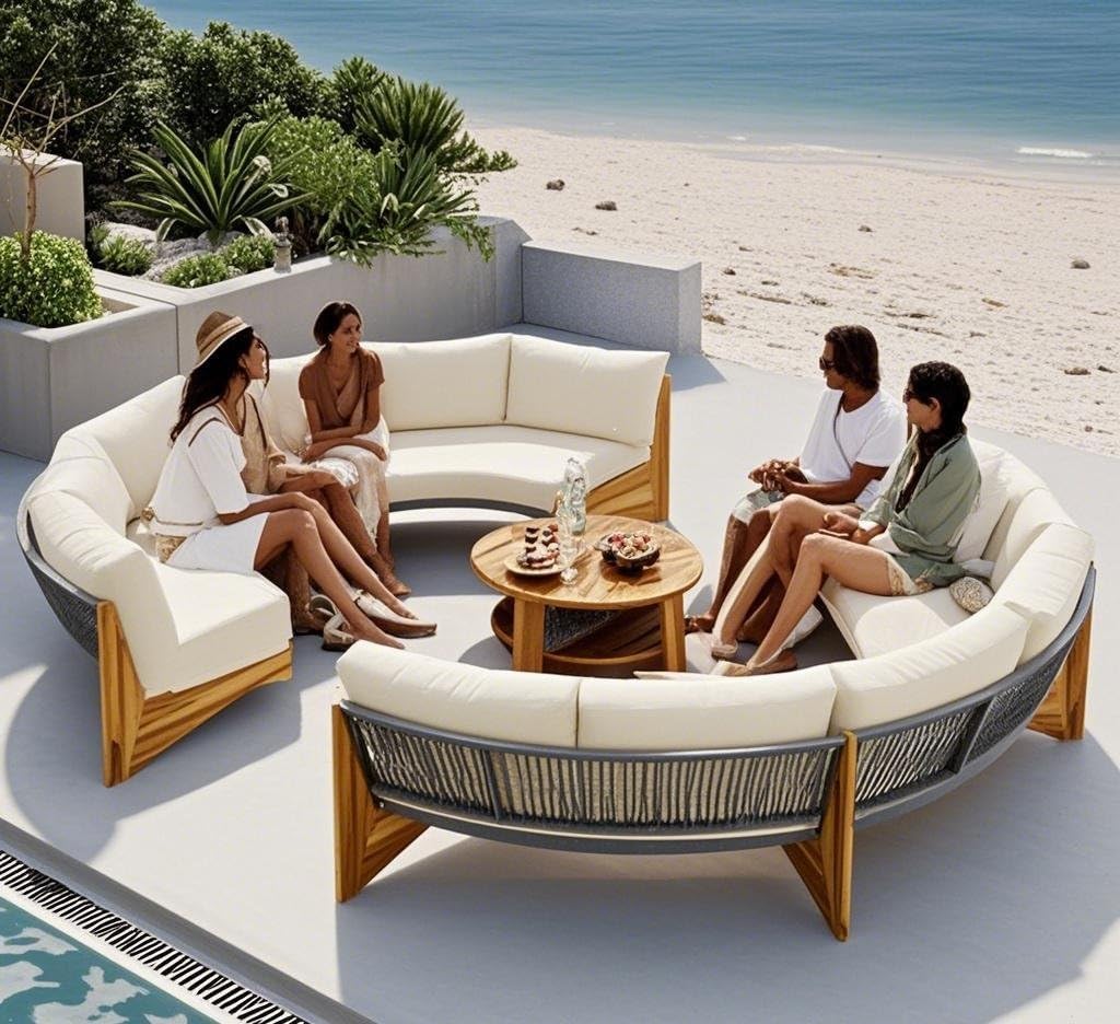 Quarte Outdoor Acacia Wood Round Sofa Set, Half-Moon Sectional Sets with Coffee Table,6-Person Seating Group for Garden, Deck (Beige/Half-Moon*A)