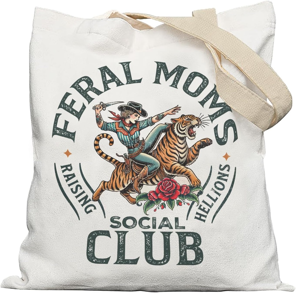 Vintage Cowgirl Mom Tote Bag, Western Canvas Tote Bags for Women, Mother's Day Gifts for Mom from Daughter Son, Feral Moms Social Club Reusable Grocery Shopping Bags