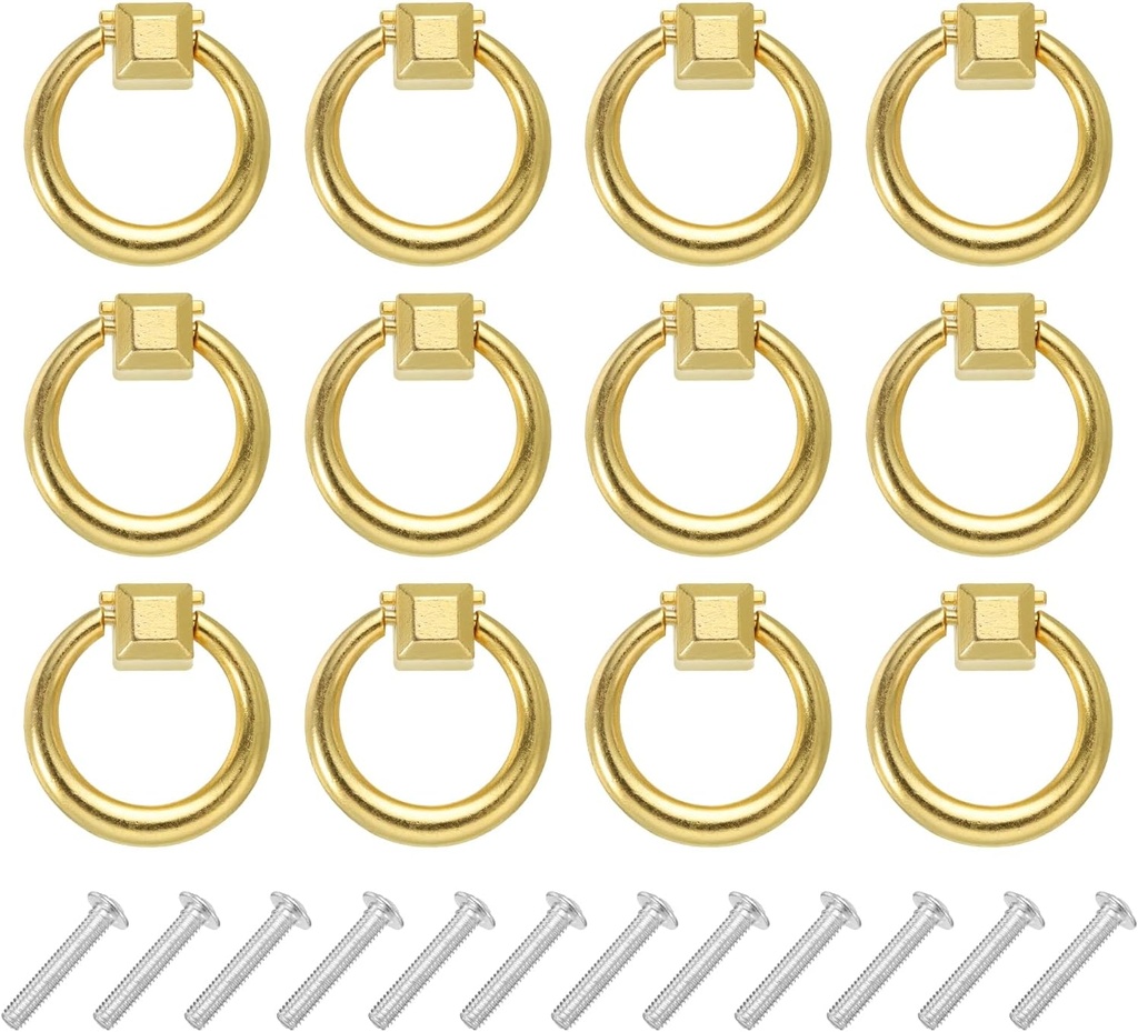 uxcell 12 Sets Modern Drawer Pull Handles Drop Ring Knobs Dresser Handles with Screws Zinc Alloy for Dresser Drawer Furniture Closet Cupboard Gold Tone