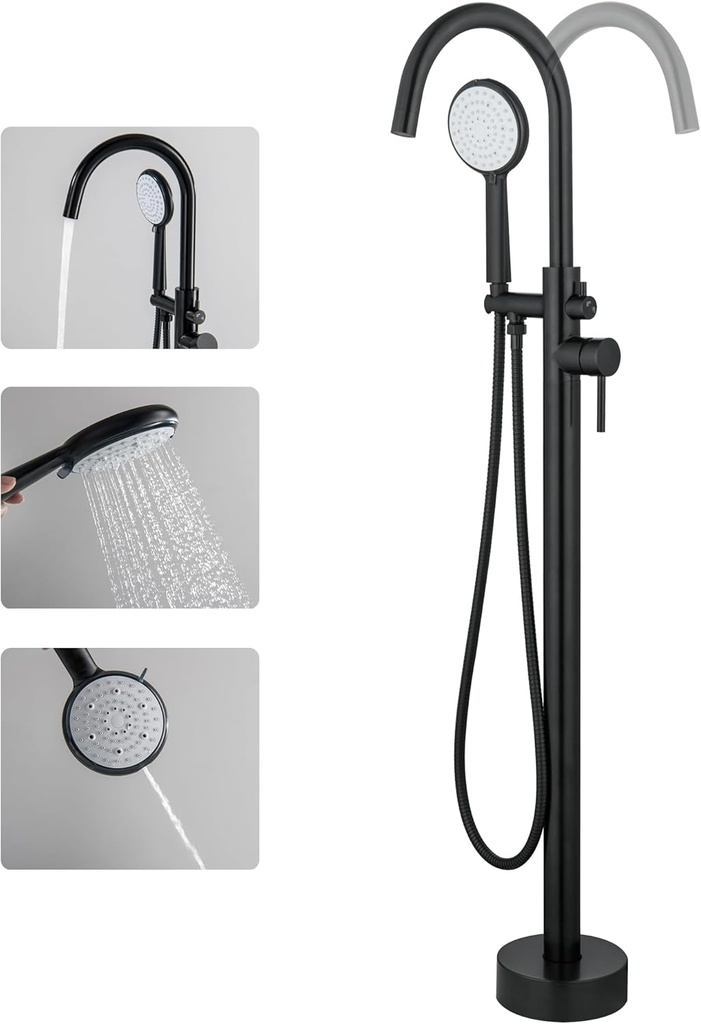 Free Standing Tub Faucet, High Flow Freestanding Bathtub Faucet with 360°Swivel Spout, 5 Function Hand Shower Matte Black