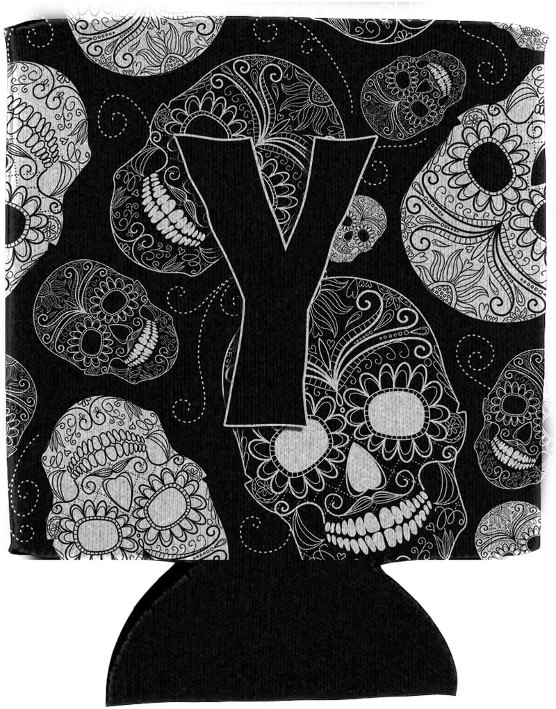 Caroline's Treasures CJ2008-YCC Letter Y Day of The Dead Skulls Black Can or Bottle Hugger Cooler Washable Drink Sleeve Collapsible Beverage Insulated Holder, Can Hugger, Multicolor