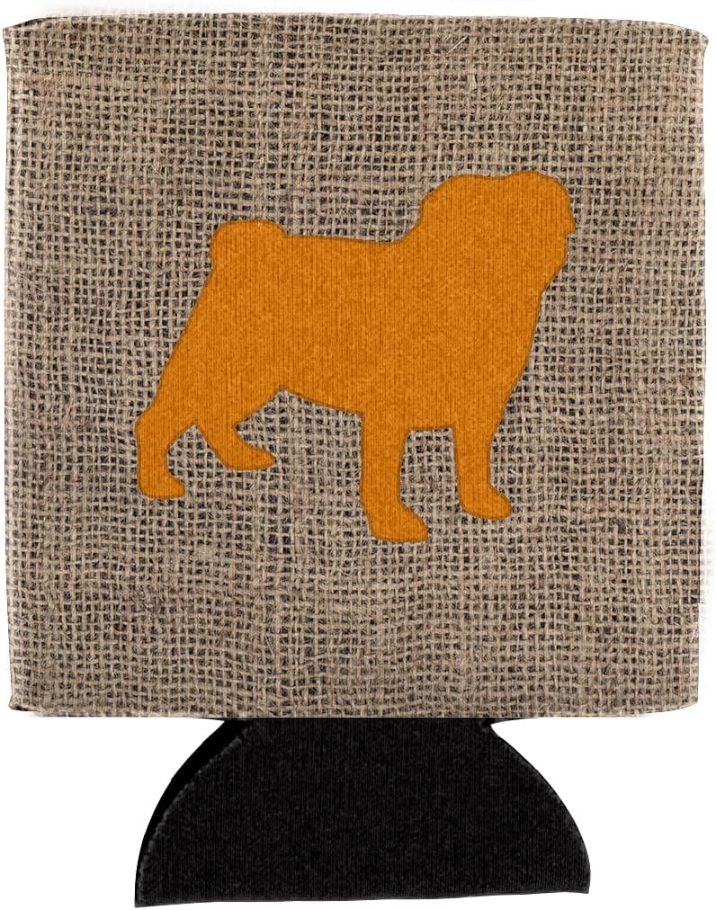 Caroline's Treasures BB1112-BL-OR-CC Pug Burlap and Orange BB1112 Can or Bottle Hugger Cooler Washable Drink Sleeve Collapsible Beverage Insulated Holder, Can Hugger, Multicolor