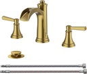 FORIOUS Brushed Gold Bathroom Faucet 3 Hole Widespread, Two Handle Antique Brass Waterfall Bathroom Faucet Gold 3 Hole for Vanity with Metal Drain Kit and Pre-Assembled CUPC Hose and All Tools