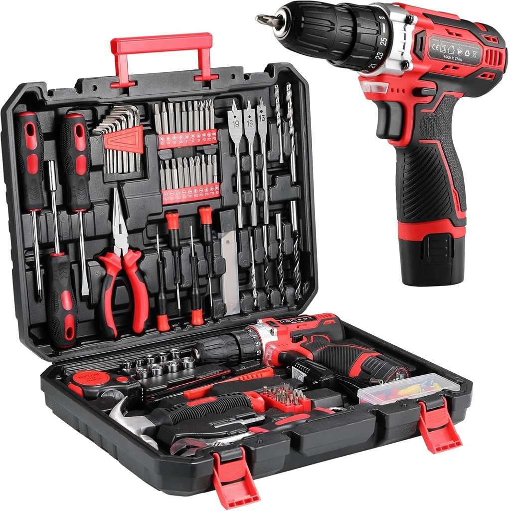 TLGREEN 138 Pcs Tool Set with 12V Cordless Drill –Power Hand Tool Kit with Magnetic Drill Bit Set, 2-Speed Control & Fast Charging,Home Tool Kit for DIY, Repairs,Lightweight Toolbox for Men & Women