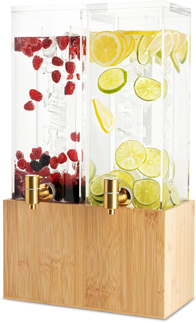 1.25 Gallon Dual Acrylic Beverage Dispenser with Bamboo Stand – Iced Drink Dispenser with Stainless Steel Spigot & Built-in Ice Core